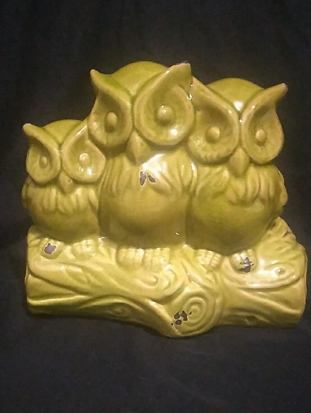 Vintage Ceramic Trio of Owls Green Glaze Figurine (B7) - Picture 11 of 11